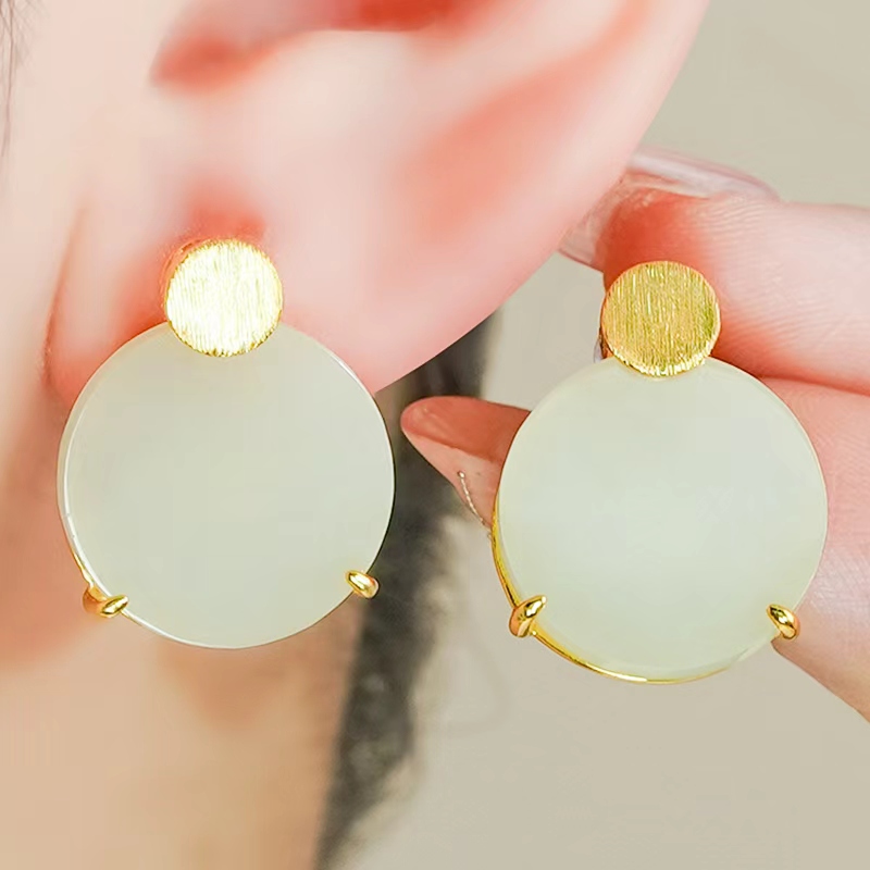 天然和田玉耳饰白玉圆牌耳钉