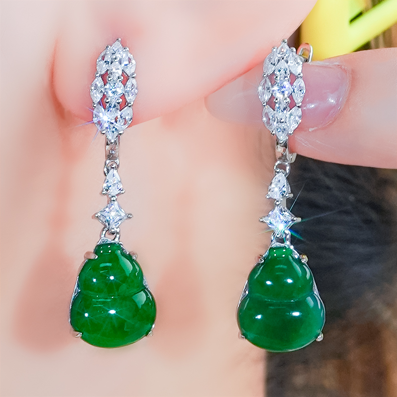 天然翡翠葫芦耳环银镶嵌精致大气国风配饰冰辣绿葫芦耳钉