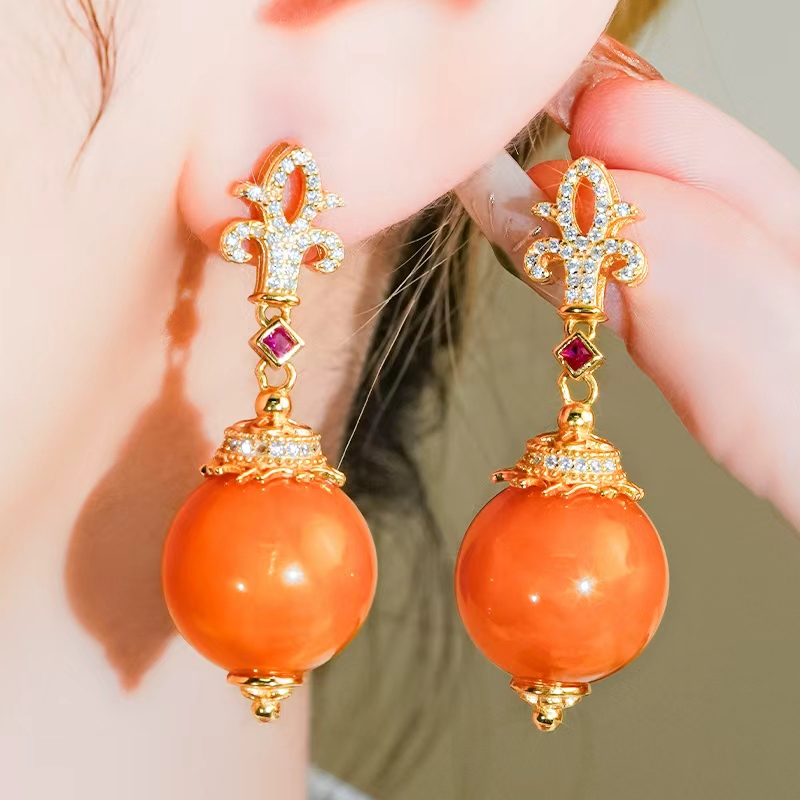 天然蜜蜡耳钉玉耳饰银镶嵌大气精致宫廷风满蜜圆珠耳坠