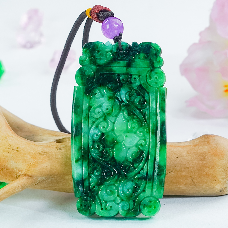 天然翡翠A货满绿龙纹无事牌吊坠