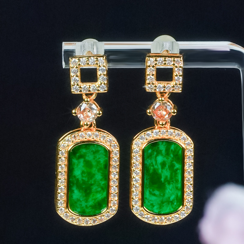 银镶嵌天然翡翠耳钉A货时尚大气豪镶辣绿翡翠无事牌耳坠
