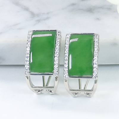 天然和田玉银镶嵌精致时尚和田玉碧玉银白色无事牌耳拍一对送爱人