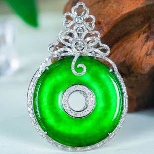 18k金镶嵌天然翡翠A货满阳绿四叶花朵扣头龙石种平安扣双圆环吊坠