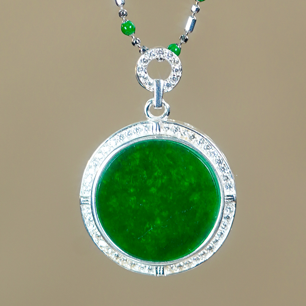 妇女节礼物简约竹节设计豪镶天然满辣绿翡翠A货银白色圆牌吊坠s88