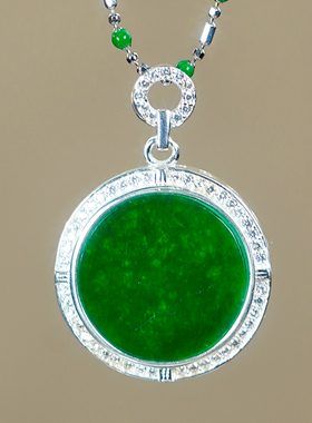 妇女节礼物简约竹节设计豪镶天然满辣绿翡翠A货银白色圆牌吊坠s88