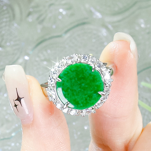 天然翡翠A货精美时尚满绿翡翠银白色小圆牌戒指(小号）