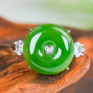 天然和田玉平安扣戒指银镶嵌时尚简约碧玉圆牌活口戒