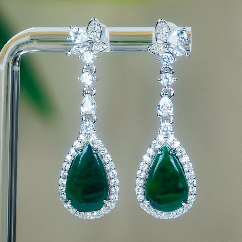 天然翡翠玉耳饰A货银镶嵌大气高级感辣绿翡翠蝴蝶水滴耳钉耳坠