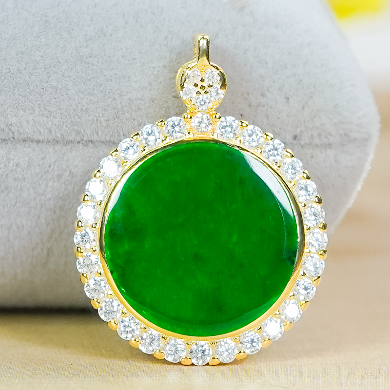 情人节礼物天然翡翠A货银镶时尚简约小巧满辣绿翡翠绿圆牌吊坠