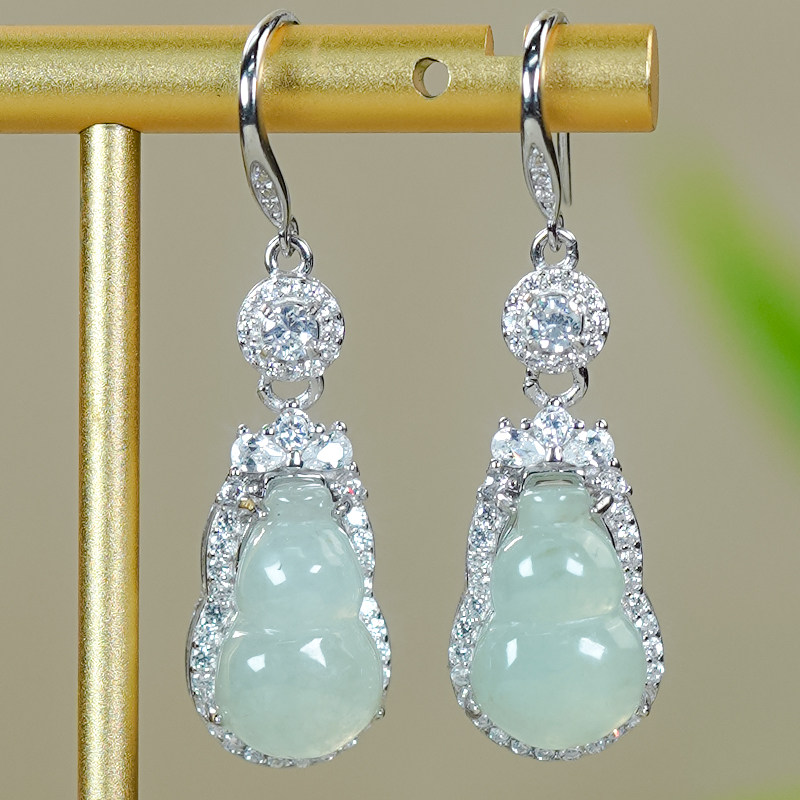 洛丽亚天然翡翠A货银镶嵌时尚精致冰润葫芦耳环耳坠耳钩（白色）