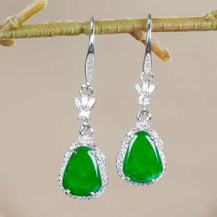 天然翡翠A货时尚高级感满绿翡翠龙石种银白色水滴耳环耳坠耳钩