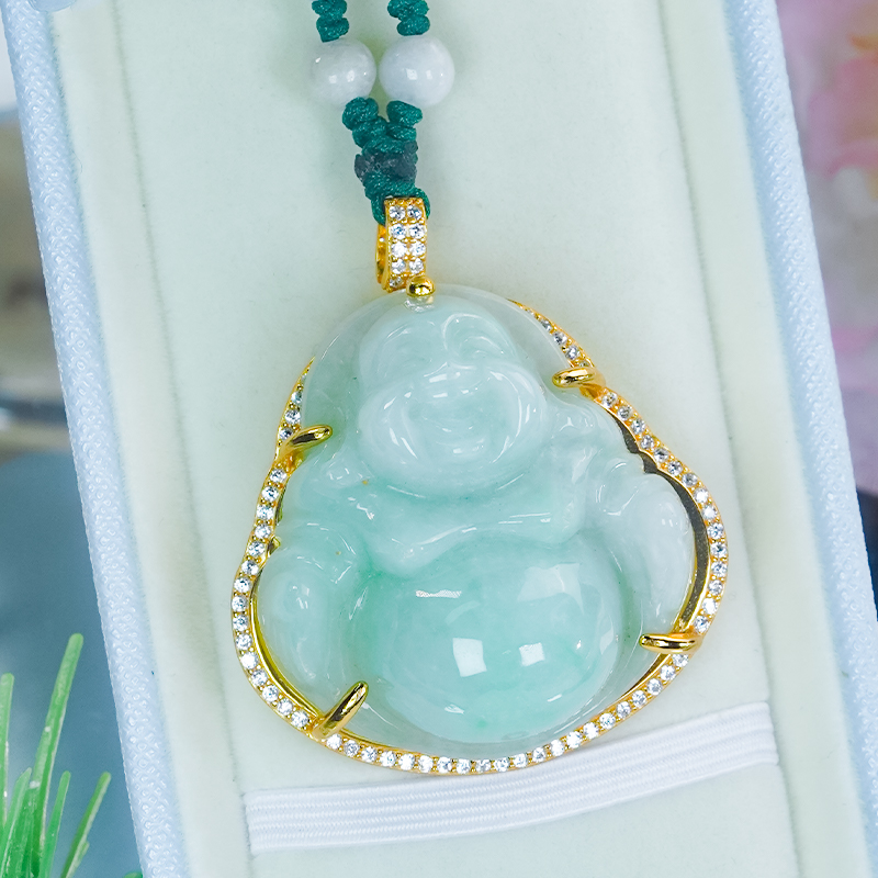 天然翡翠佛公吊坠银镶嵌精致大气雕刻飘花翡翠A货项链