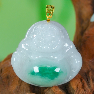 18k金镶嵌天然翡翠佛公吊坠A货精致回纹雕刻冰飘绿翡翠玉佛（小号