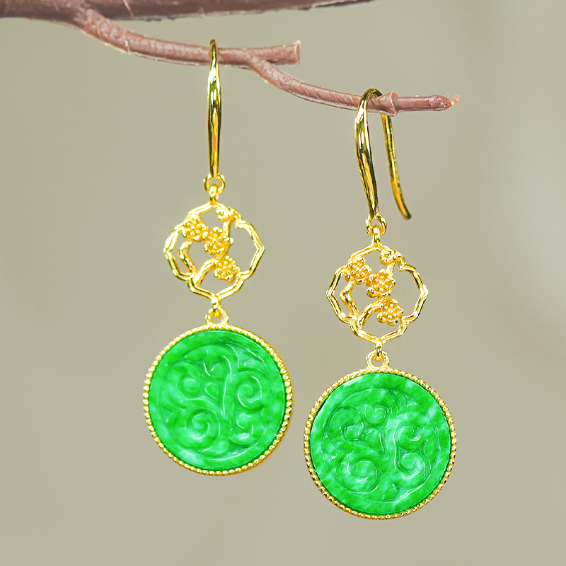新中式梅花雕花工艺银镶天然辣阳绿翡翠A货长款圆牌耳环耳坠耳钩