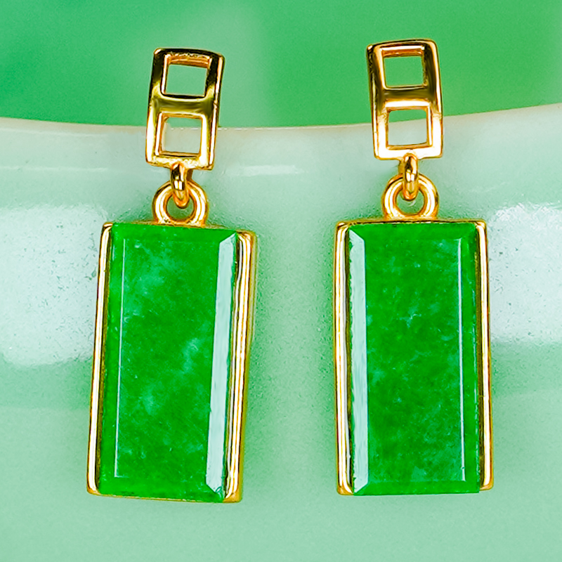 天然A货方形无事牌翡翠耳环银镶嵌精致冰阳绿龙石真玉耳钉耳环