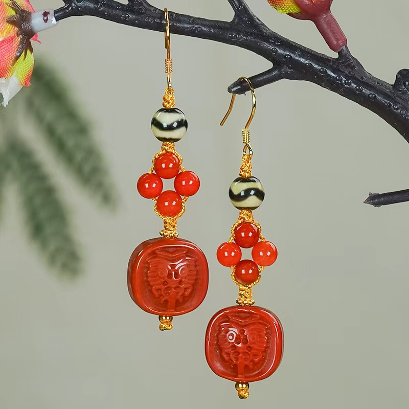 天然南红玛瑙玉耳饰银镶嵌新中式国风雕花设计红色方牌耳环耳钩