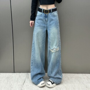 153小个子破洞设计感直筒百搭新款复古高腰宽松显瘦牛仔裤女2025