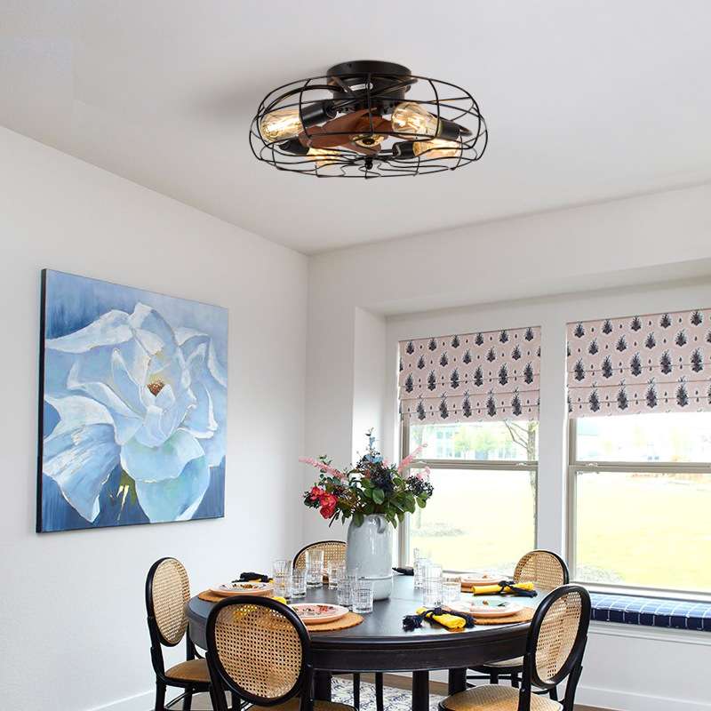 跨境客厅阳台吸顶风扇灯书房餐厅灯美式铁笼仿木叶卧室吊扇灯