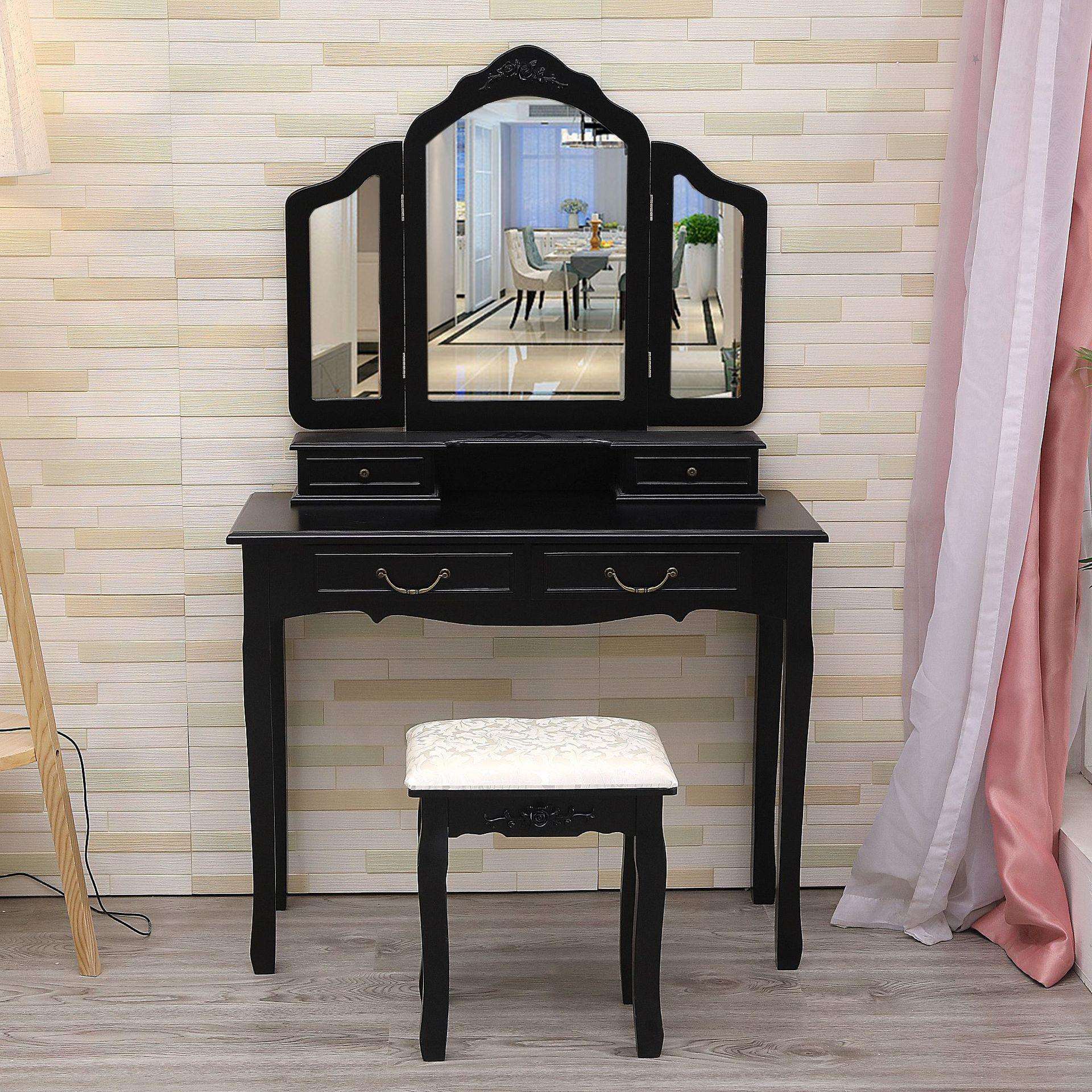 美式实木带凳梳妆台欧式简约黑色小型卧室化妆台三镜四抽梳妆桌