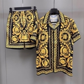 欧美25夏季 男休闲套装 黑金巴洛克花卉印花真丝丝绸古巴领短袖 衬衫