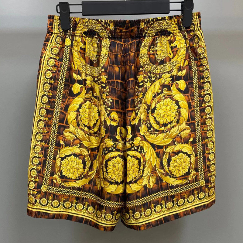 100%桑蚕丝短裤夏季男装巴洛克花卉鳄鱼纹印花真丝休闲直筒沙滩裤