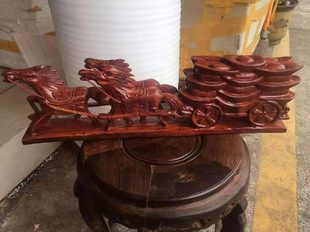 手工雕刻木马拉车摆件家居客厅花梨木三马拉元宝实木立体生肖马车