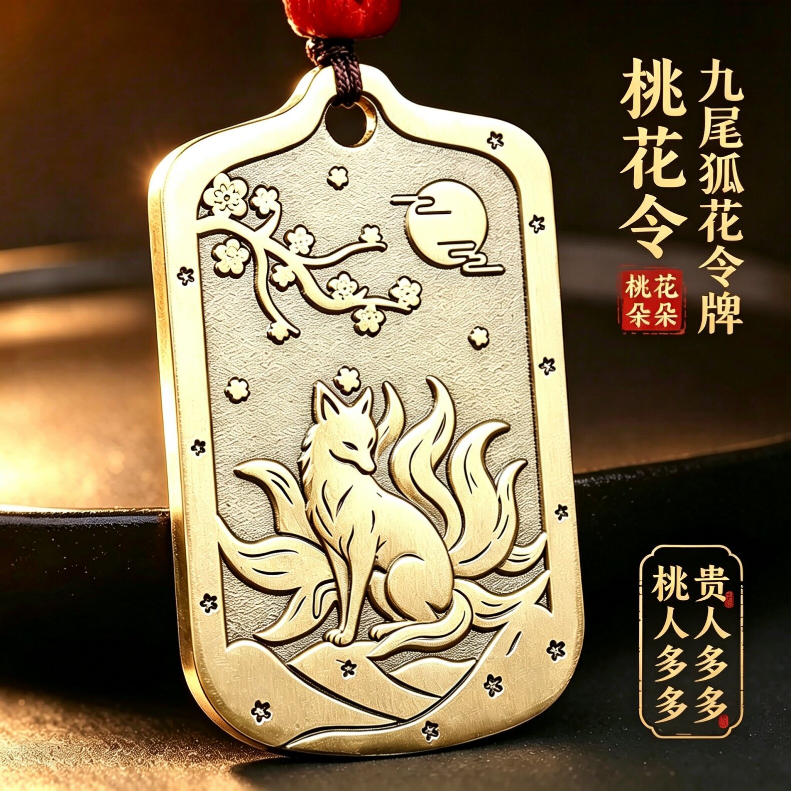 铜九尾狐令牌钥匙扣檀木挂饰招正项坠/吊坠