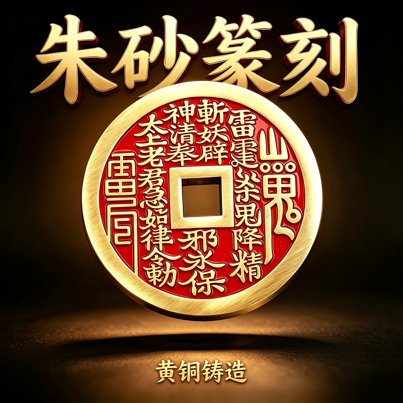 纯黄铜山鬼花钱真品朱砂加厚加大装饰摆件