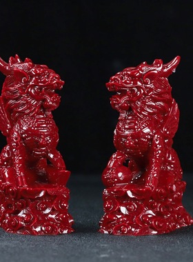 天然朱砂大红火麒麟摆件一对紫金砂客厅办公室装饰工艺品乔迁礼品
