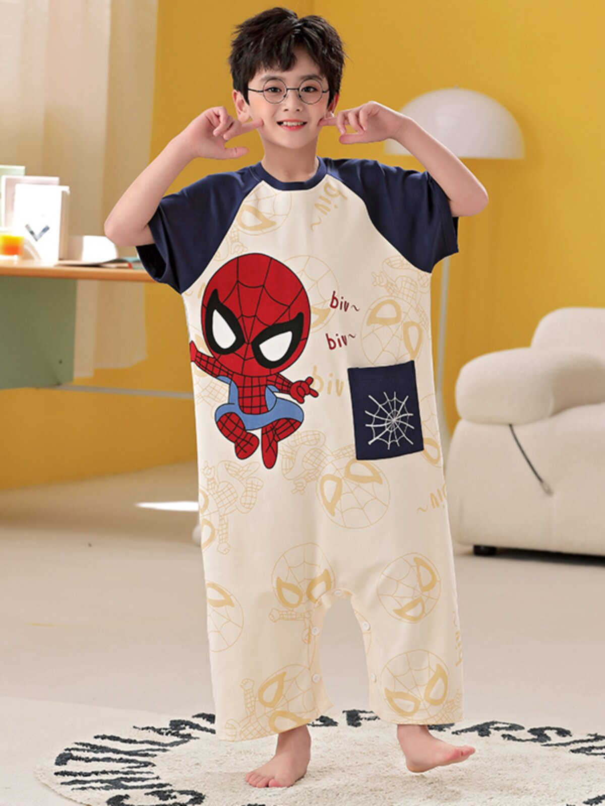 2024 NEW BOYS PAJAMAS ONE-PIECE COTTON SHORT SLEEVES SPRING AND SUMMER THIN CHILDRENS ANTI-COLD LOUNGEWEAR BABY BOY