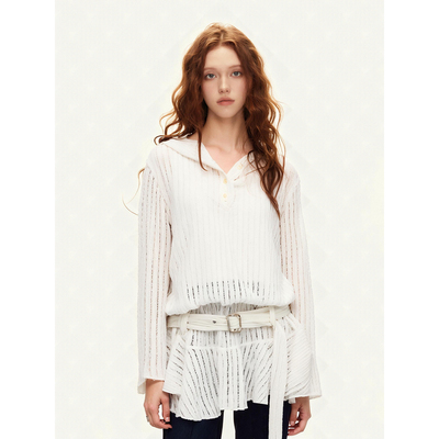 SUREENOUGH春季新品镂空蕾丝荷叶边长袖宽松带腰带连帽连衣裙女