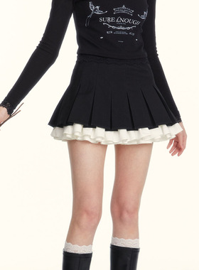 SUREENOUGH原创设计春季新款法式复古黑色假两件百搭半身裙女