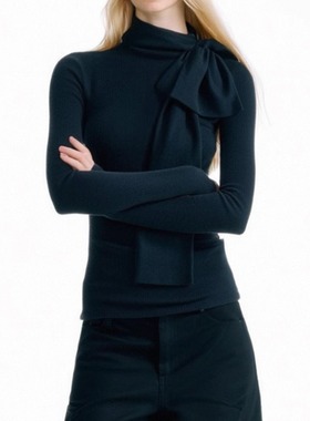 SUREENOUGH 2025春季设计感蝴蝶结飘带针织打底衫上衣T恤内搭女