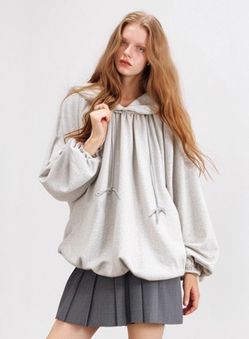 SUREENOUGH 2025新品秋季灰色宽松花苞廓形连帽长袖卫衣上衣