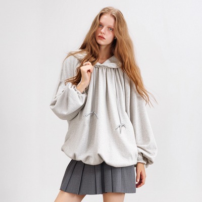 灰色宽松花苞廓形连帽长袖卫衣