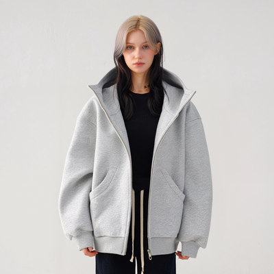 灰色宽松廓形连帽开衫卫衣外套