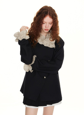 SUREENOUGH原创设计早春新款法式复古黑色上衣花边西装外套女