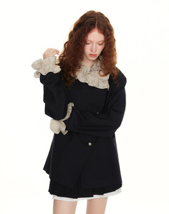 SUREENOUGH原创设计早春新款法式复古黑色上衣花边西装外套女