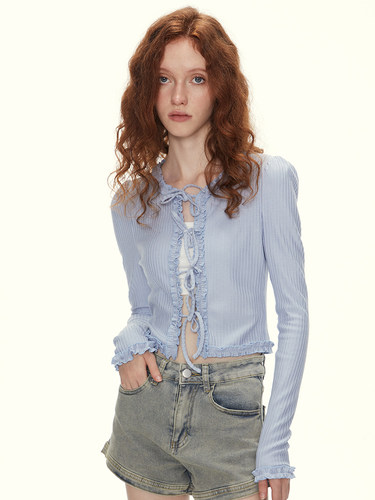 SURE ENOUGH 原创设计春季新品法式木耳边上衣短款开衫针织衫女