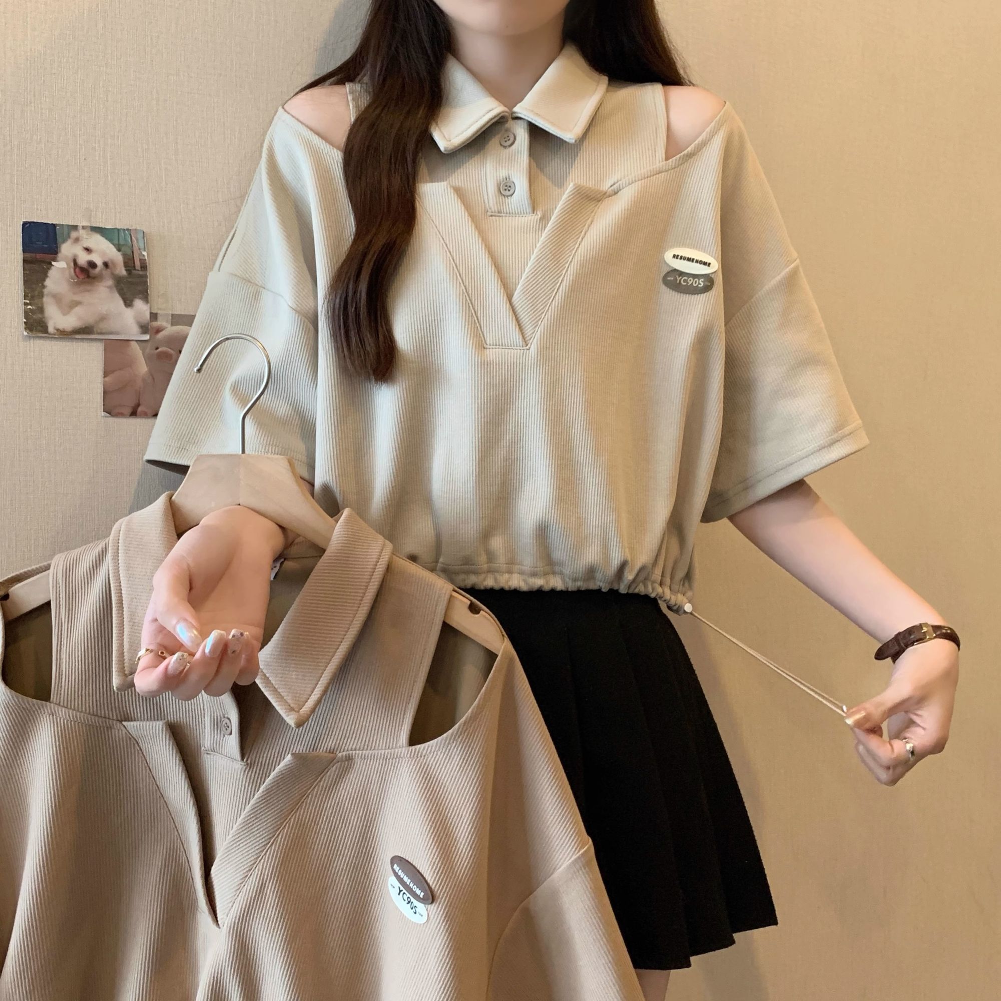 大码复古假两件短袖t恤女2025新款夏季露肩体恤胖MM显瘦短款上衣