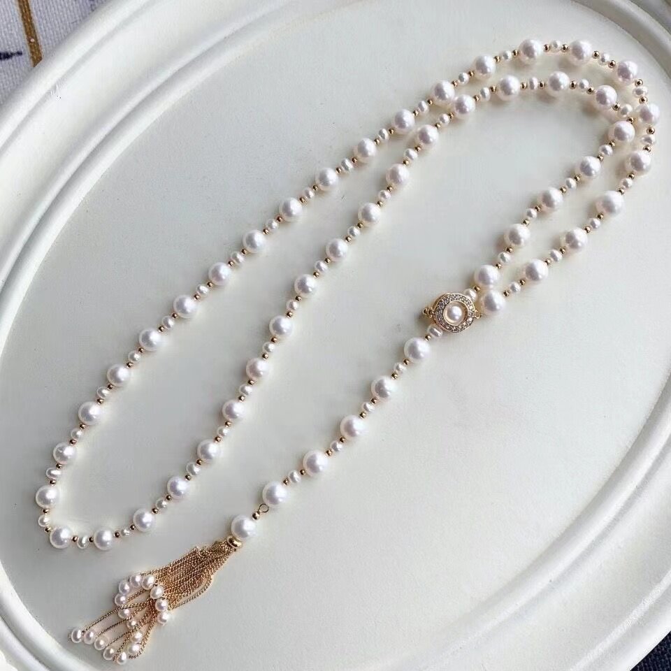 原创14k注金流苏母贝珍珠项链毛衣链长款腰链女多层项链一款多戴