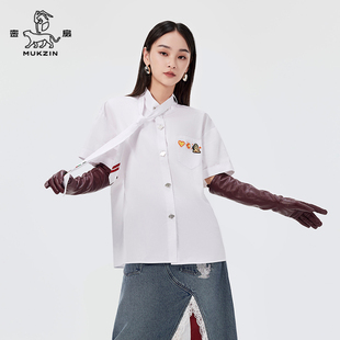 张星特同款 新款 密扇2024夏季 印花领带 「良友」白色短袖 女衬衫