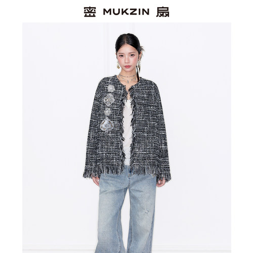 密扇秋季黑白复古粗花呢外套