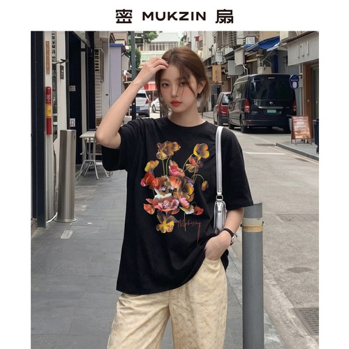 国潮艺术感花朵宽松短袖黑色T恤