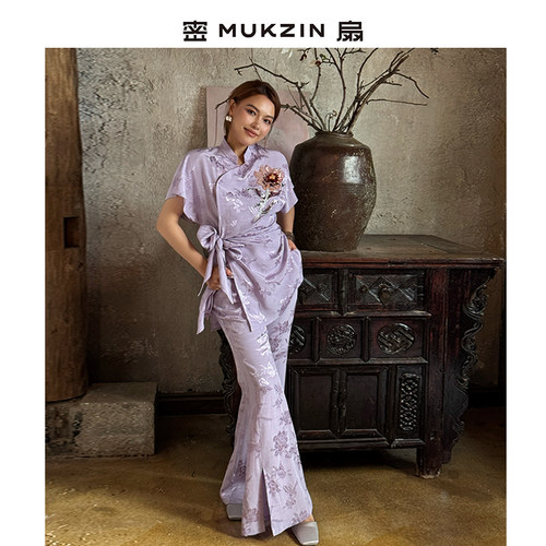 【黄龄同款】密扇2025年新款新中式国风短袖小立领上衣裤子套装女