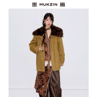 密扇2025冬【鹿鸣之序】设计宽松大毛领棕色羽绒服民族风大衣外套