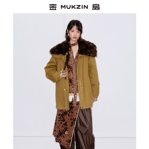 设计感宽松大毛领棕色羽绒服