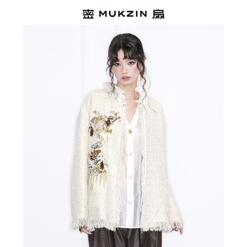 密扇女士中式水墨花卉图案外套