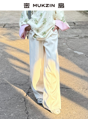 密扇2025冬季新款宽松百搭显高显瘦高级感长裤薄绒白色阔腿休闲裤