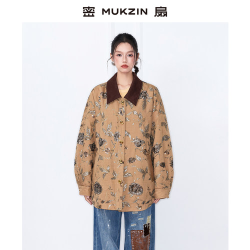 亚麻混纺重工刺绣新中式翻领棉服